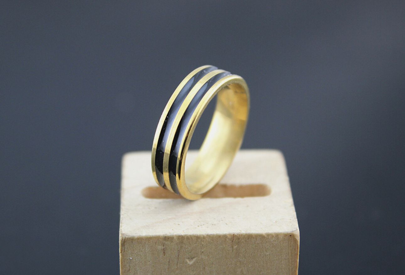Black Striped Gold-Plated Ring
